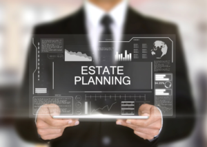 Business man holding estate planning sign.